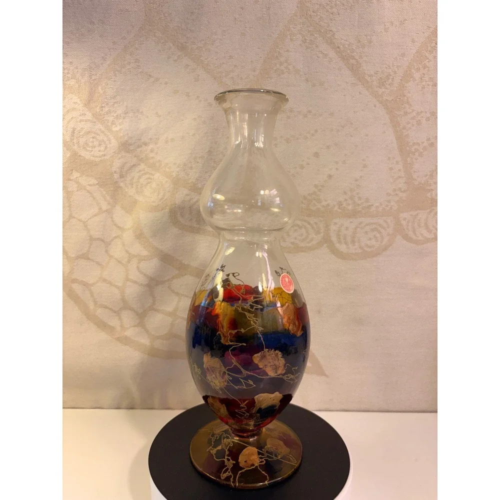 Vintage Romanian Hand Blown Art Glass Vase Double Bulbous Gold Filigree Abstract